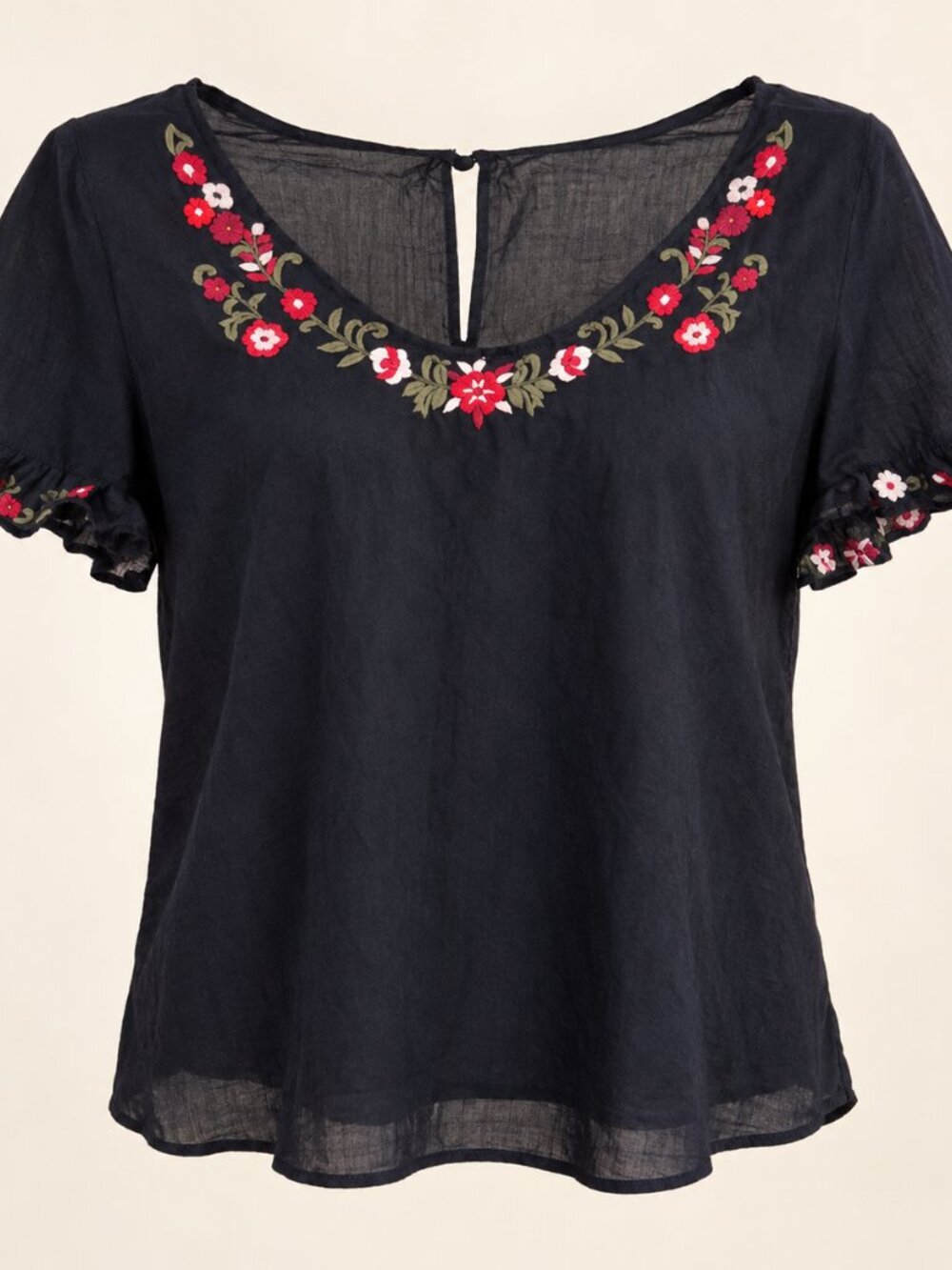 Karl Lagerfeld Black Floral Embroidered Lace Ruffle Sleeve Cotton Top  Sz Small